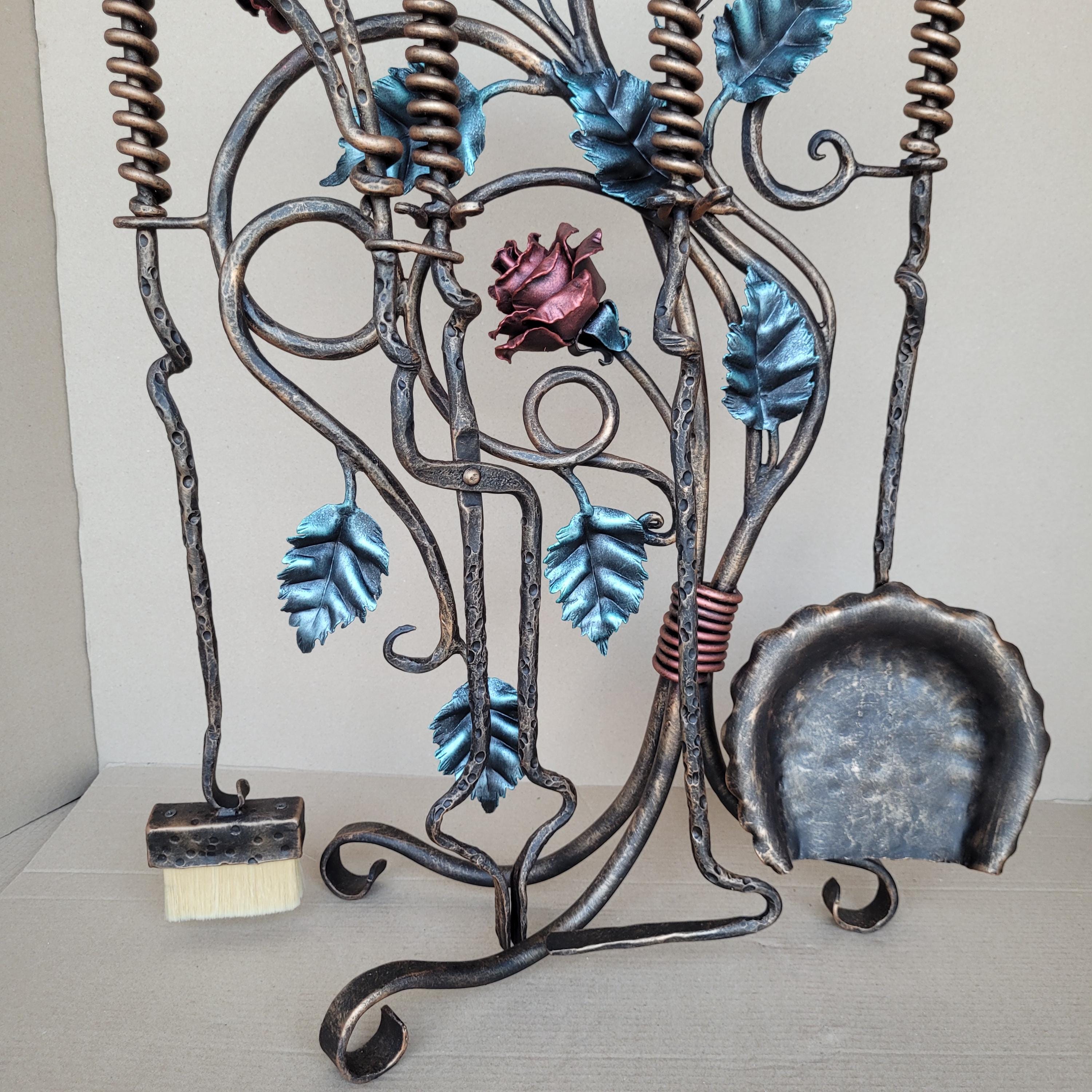 Wrought Iron Fireplace Tool Set With Forged Roses – Handmade