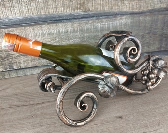 Hand Forged Iron Wine Bottle Holder: Rustic Bar & Home Decor