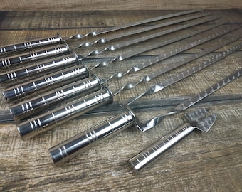 Hand Forged Stainless Steel Grilling Set: Skewers & Meat Fork