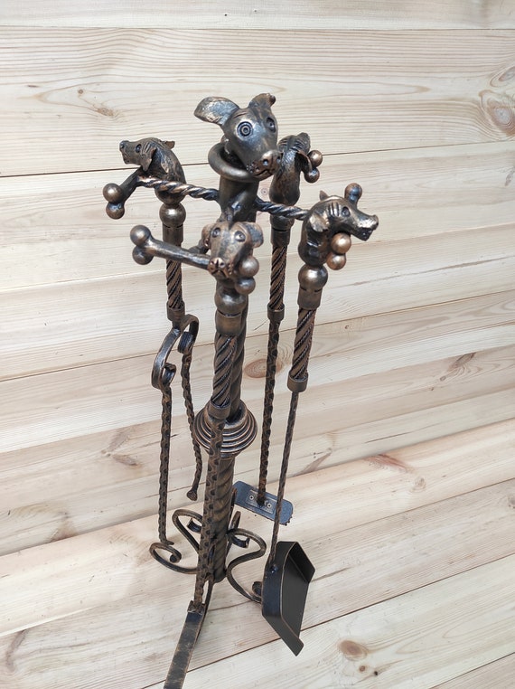 Hand Forged Fireplace Tool Set: Dog Decor, 4 Piece With Stand - Etsy