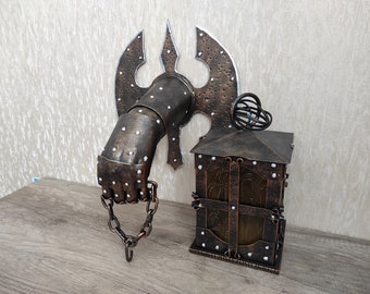 Hand Forged Wrought Iron Wall Lantern: Medieval Knight Sconce