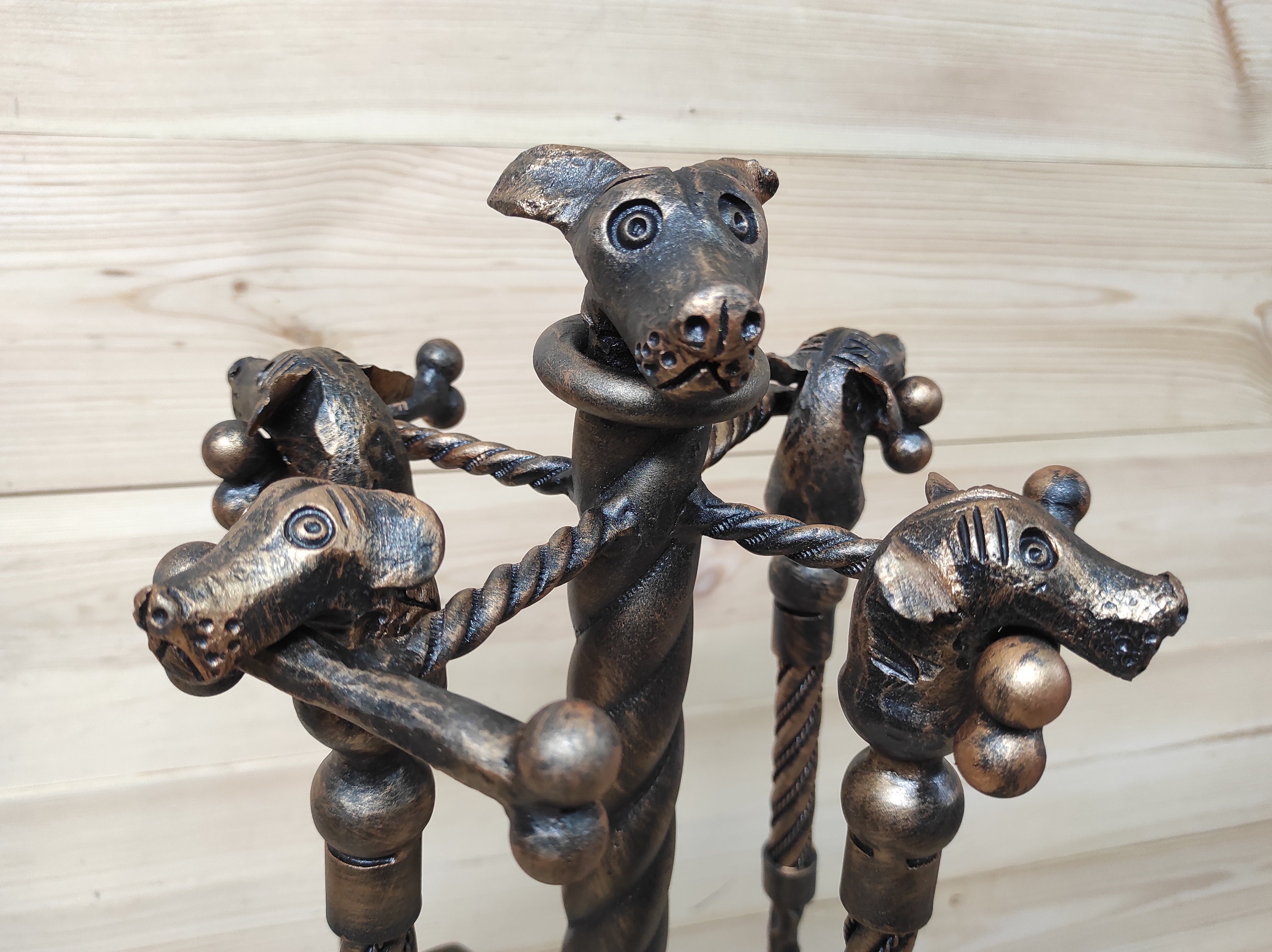 アンティーク瓶　3点SET くるみの木　クランクマルチェロ　ピーターアイビー Hand Forged Fireplace Tool Set: Dog Decor, 4 Piece With Stand - Etsy