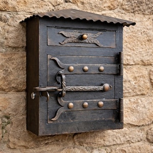 May include: A black metal letterbox with a decorative roof and ornate hinges. The letterbox is mounted on a stone wall. The door has a latch and is secured by two hinges with decorative rivets. The letterbox has a drawer at the top.