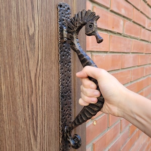 Hand Forged Seahorse Door Handle – Wrought Iron Pull Handle – Nautical Door Hardware – Rustic Gate Handle – Blacksmith Made