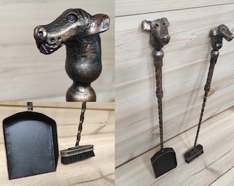 Forged Fireplace Tool Set: Handmade Dog Head Broom & Shovel