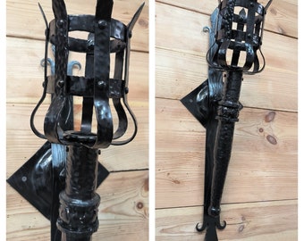 Metal wrought iron sconce, Large black wall lamp, Torch wall lamp, Medieval style light fixture