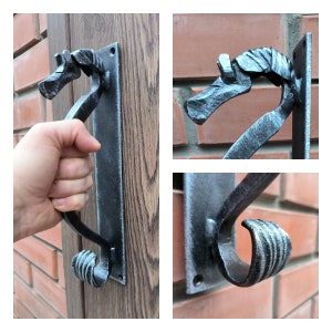 May include: A black metal door handle with a horse head design. The handle is mounted on a wooden door.