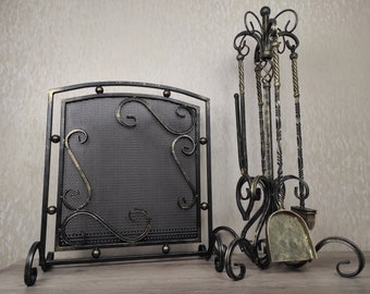 Juego de herramientas para chimenea forjadas a mano con pantalla: Accesorios de hierro para chimeneas