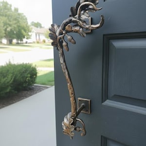 Hand Forged Wrought Iron Door Handle: Oak Branch Design