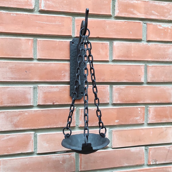 Hanging candlestick bowl on a chains, wrought iron candle holder, black matte candlestick