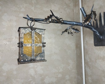 Hand Forged Wrought Iron Wall Lantern: Medieval Oak Branch Sconce