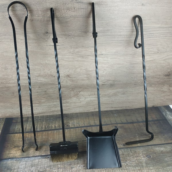 Forged fireplace tools set, 4 Pieces, Fireplace poker, Fireplace Tongs, Shovel, Broom, Hand Forged, Fire Tool, Fireplace Gift