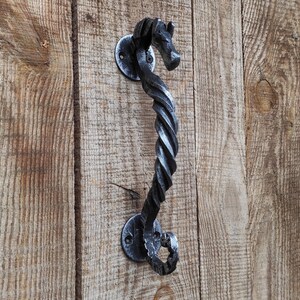 Op de afbeelding: Een zwarte metalen deurknop in de vorm van een opgerolde zeepaard met een gedraaid ontwerp.