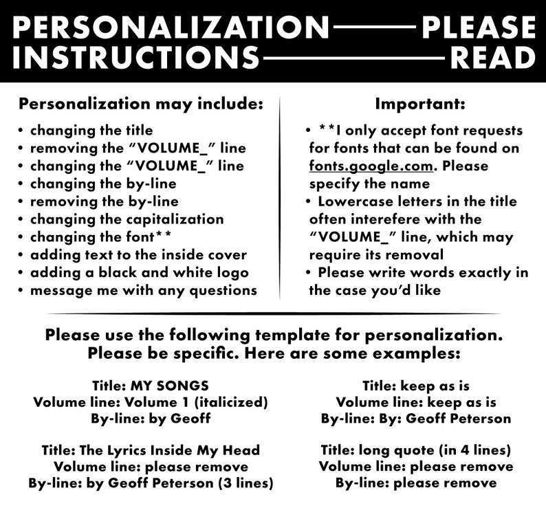 K&ouml;nnte beinhalten: Schwarz-wei&szlig;e Grafik mit dem Text "PERSONALISIERUNG - ANWEISUNGEN - BITTE LESEN". Der Text beschreibt Optionen zur Produktanpassung, einschlie&szlig;lich Titel, Schriftarten und Logos. Beispiele f&uuml;r die Personalisierung werden bereitgestellt.