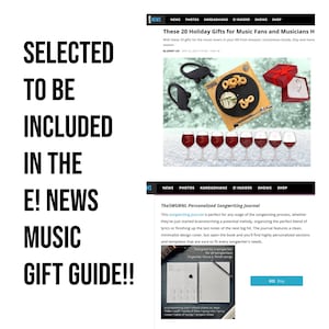 K&ouml;nnte beinhalten: Bild aus dem E! News Music Gift Guide. Das Bild zeigt Geschenkideen f&uuml;r Musikliebhaber, darunter kabellose Ohrh&ouml;rer, ein Servierbrett in Form eines Plattenspielers und ein personalisiertes Songwriting-Journal.
