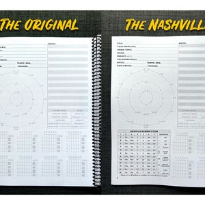 K&ouml;nnte beinhalten: Zwei offene Spiralb&uuml;cher mit wei&szlig;en Seiten. Das linke Notizbuch ist mit "THE ORIGINAL" in gelbem Text beschriftet. Das rechte Notizbuch ist mit "THE NASHVILLE" in gelbem Text beschriftet. Beide Notizb&uuml;cher enthalten Notenlinien und Diagramme.