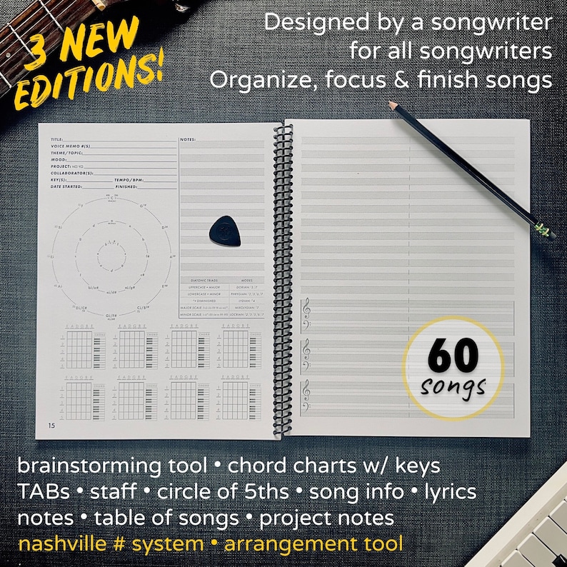 K&ouml;nnte beinhalten: Ein Spiralnotizbuch f&uuml;r Songwriter, ge&ouml;ffnet auf einer leeren Seite mit Notenlinien. Das Notizbuch enth&auml;lt ein Plektrum und einen Bleistift. Der Text auf dem Cover lautet "3 NEUE AUSGABEN!" und "60 Songs".