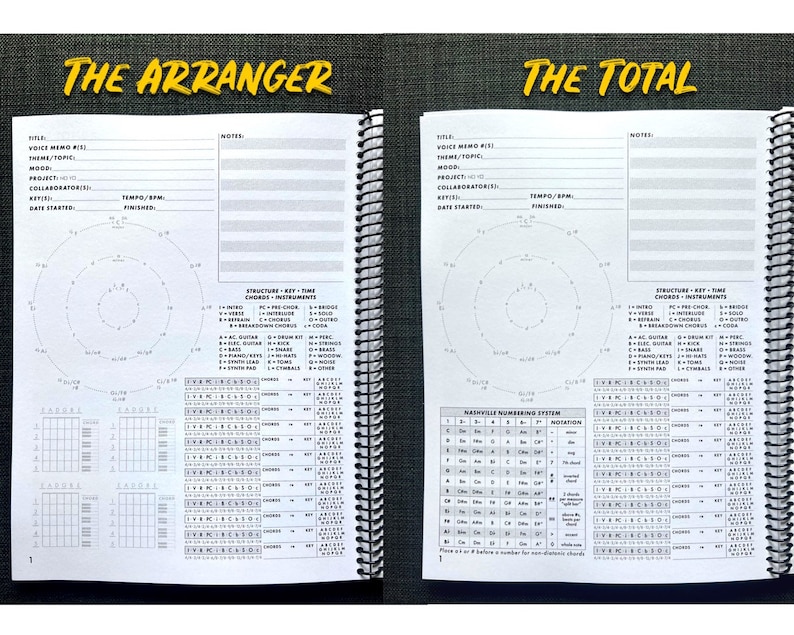 K&ouml;nnte beinhalten: Spiralgebundene Notizb&uuml;cher f&uuml;r Musikkompositionen mit den Titeln "The Arranger" und "The Total" in gelber Schrift. Die Seiten enthalten Kreisdiagramme, Akkordtabellen und Notizbereiche f&uuml;r Musiker.