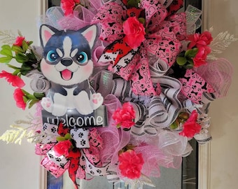 Husky Wreath, puppy love, dog mom, dog parents, dog lovers, puppy Wreath, door decor, door hanger, Front Door Decor, Everyday Wreath