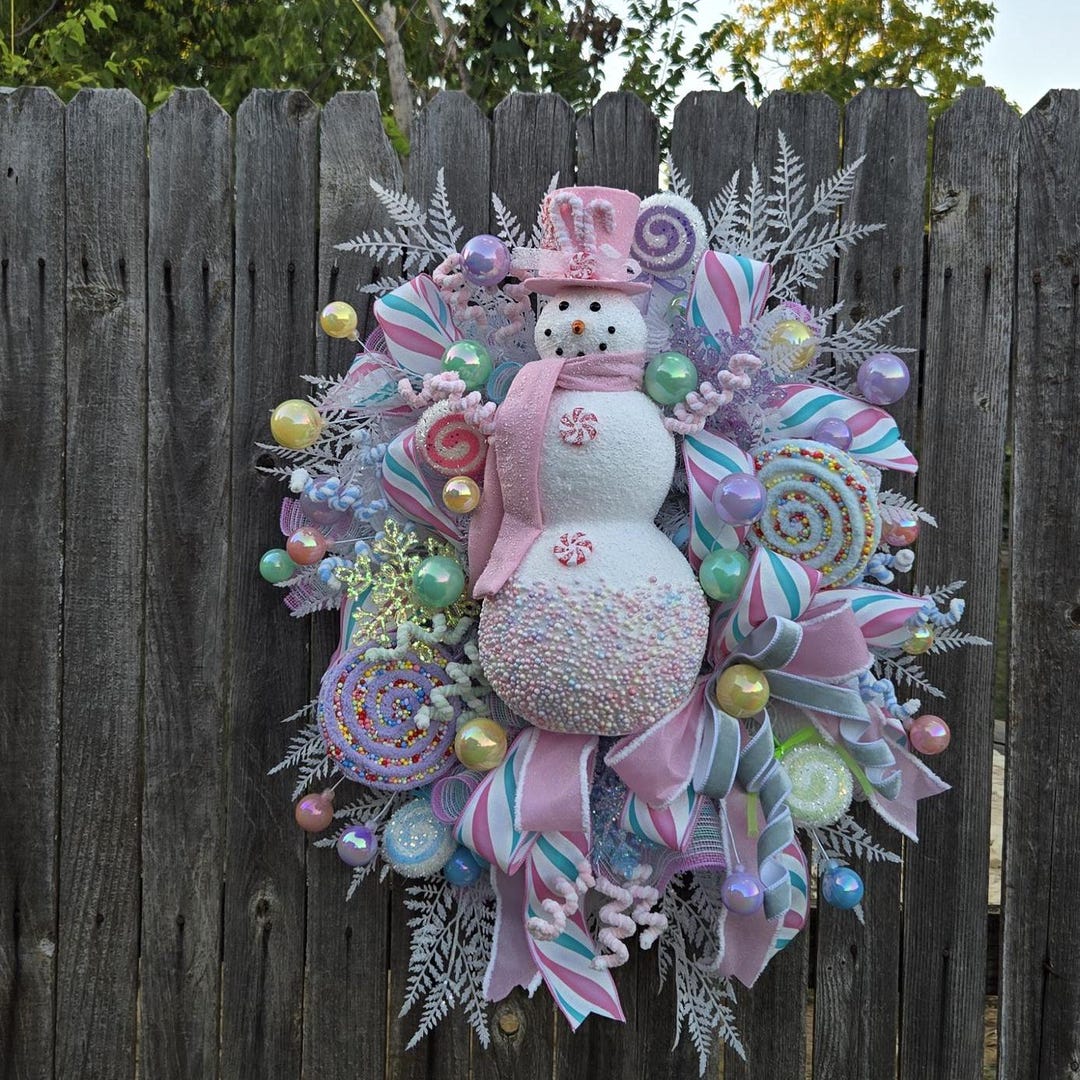 Pastel Snowman Christmas Wreath: Candyland Holiday Door Decor - Etsy