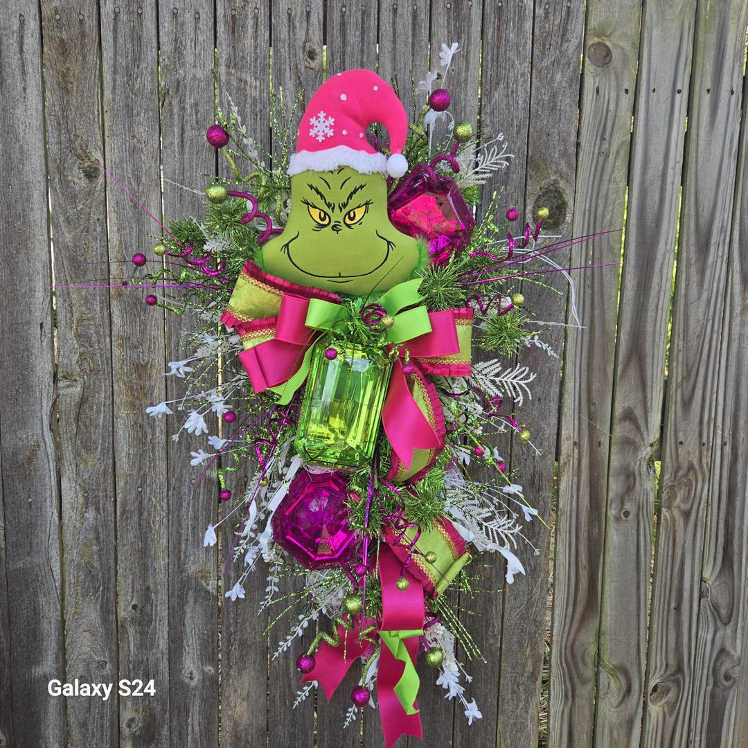 Whimsical Green Monster Christmas Wreath, Pink and Lime Holiday Decor ...