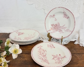Puede incluir: Conjunto de cinco platos de cerámica blanca con un patrón floral rosa. Los platos están apilados en forma de pirámide, con el plato más grande en la parte inferior y el más pequeño en la parte superior.