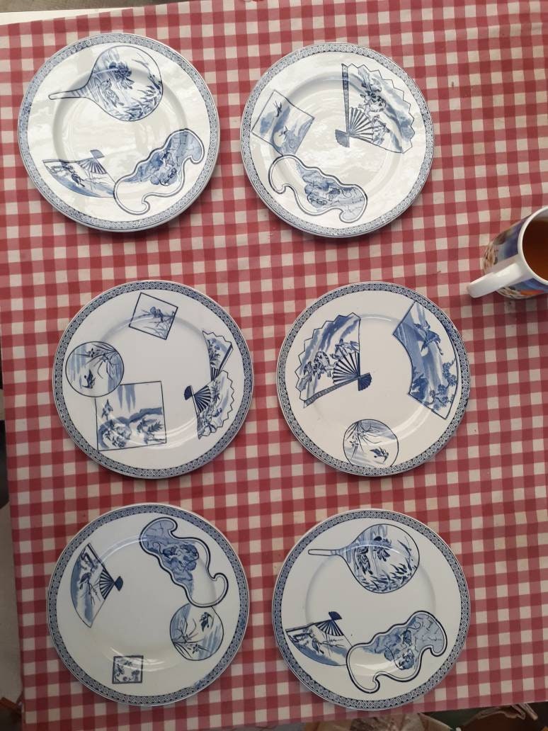 6 Assiettes Gien Eventail Japonais