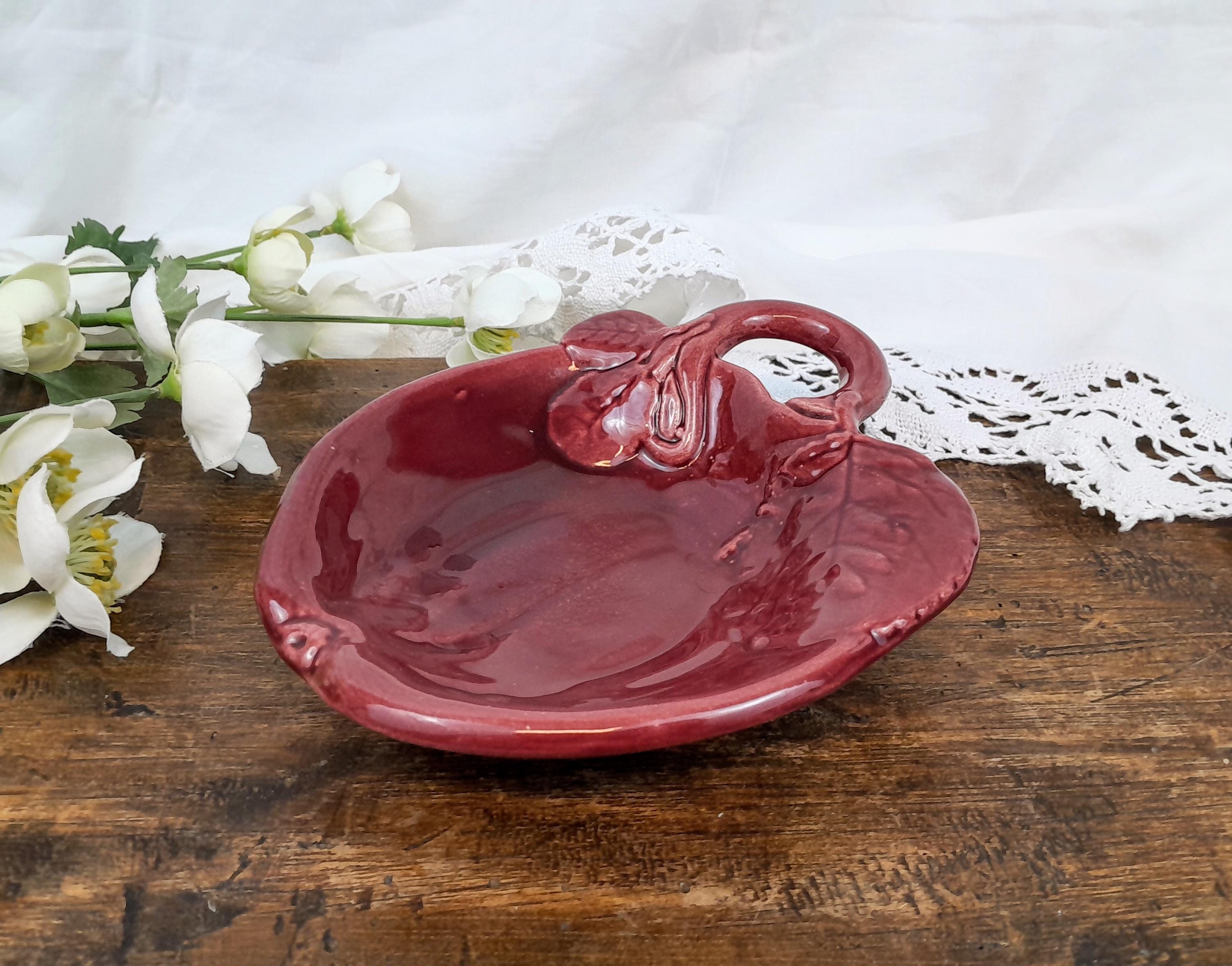 Ensemble Bol Passoire + Assiette à Cerise – Barbotine Vintage, Liseré Vert, Céramique Ancienne
