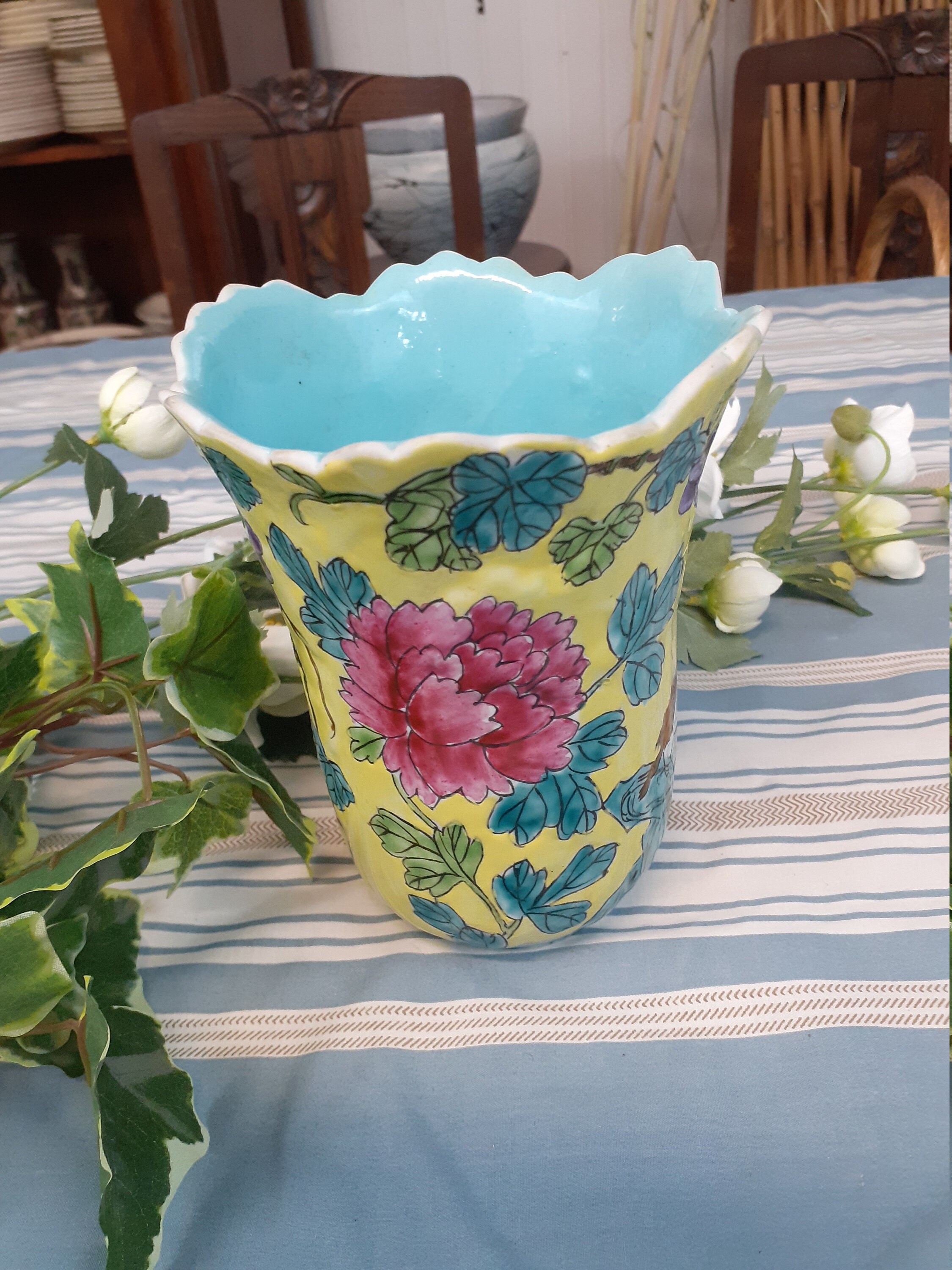 Vase Emaux Jaune et Turquoise Oiseaux Raisin