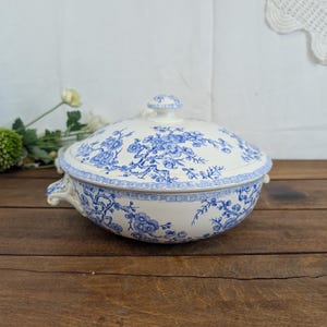 Puede incluir: Una sopera redonda de cerámica con tapa a juego, que presenta una base de color crema decorada con un patrón floral azul de ramas y flores. El recipiente incluye dos asas laterales y un pequeño pomo en la tapa, con un diseño clásico.