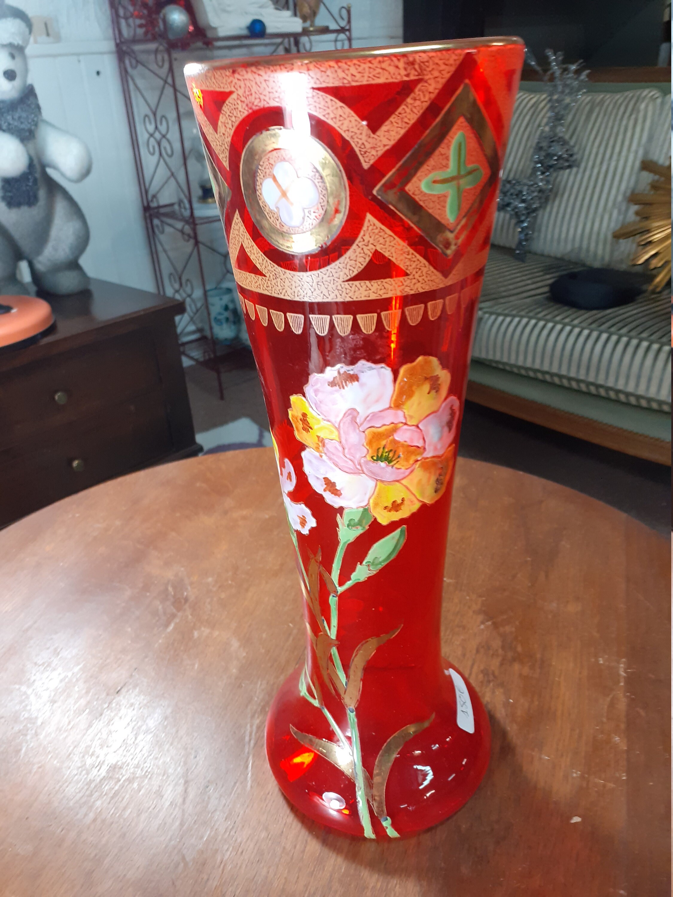 Vase Rouge en Verre Émaillé Art Nouveau Non Signé Style Legras, Montjoye