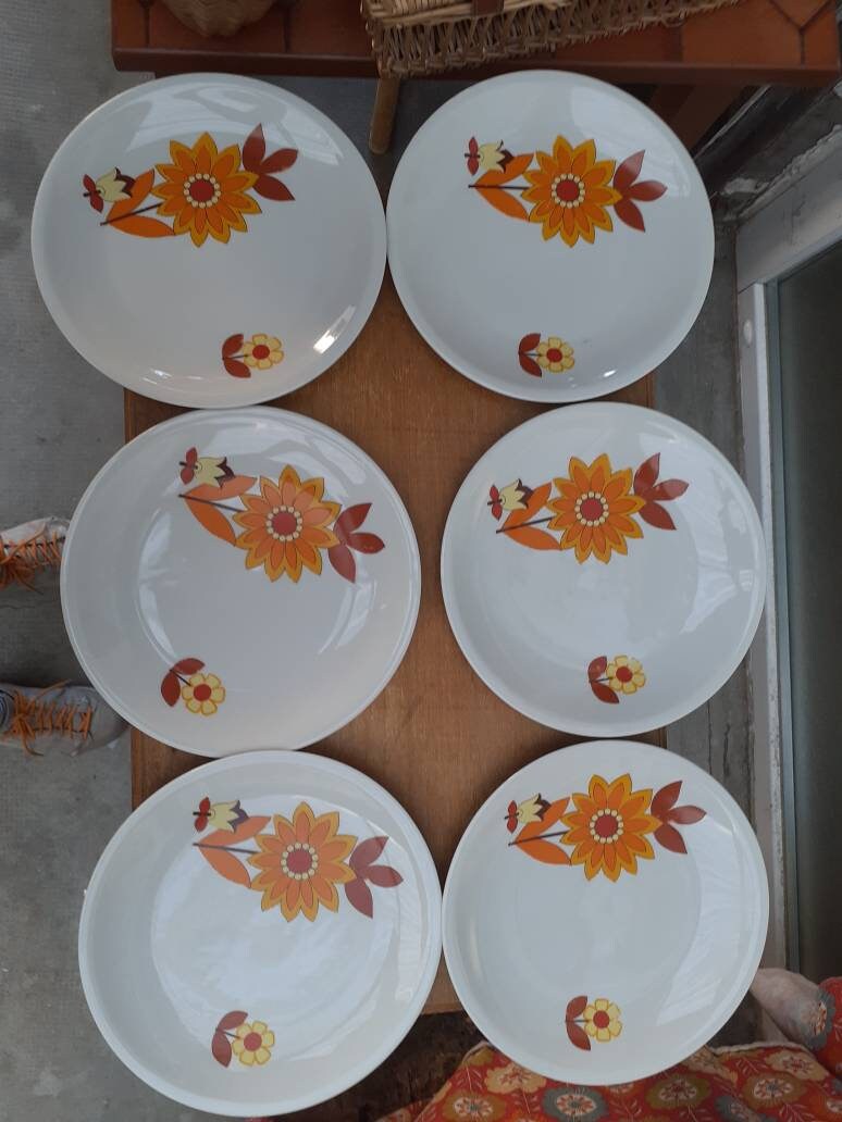 6 Assiettes Plates Seventies Orange