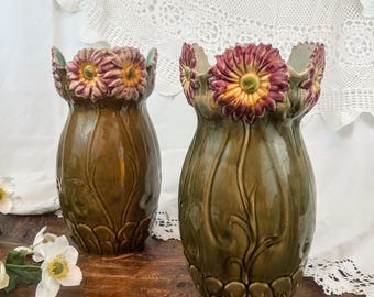 Pair of Barbotine fireplace vases, 1900