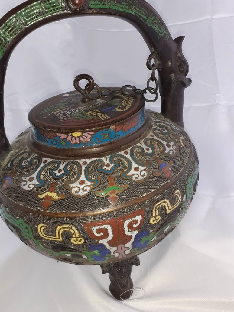 Importante Théière Chinoise en Bronze et Émail Decor Dragon