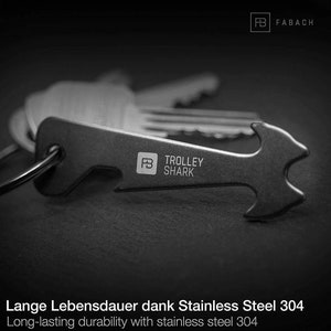 Einkaufswagenlöser Schlüsselanhänger Trolley Shark (schwarz), Abziehbarer Einkaufswagenchip, Einkaufschip aus Edelstahl mit Flaschenöffner
