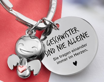 Beste Schwester Schlüsselanhänger Schutzengel "Happy" mit Herz und Gravur - Beste Schwester Geschenk Engel Glücksbringer Beste Schwester