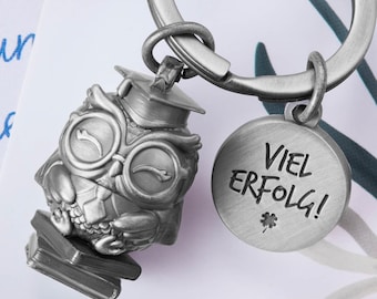 Viel Glück Schlüsselanhänger mit Eule und Gravur "Viel Erfolg" - Glücksbringer Abitur - Viel Erfolg Prüfung