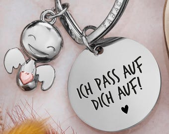 Ich Liebe Dich Schlüsselanhänger Schutzengel "Happy" mit Herz und Gravur - Ich Liebe Dich Geschenk Engel Glücksbringer Ich Liebe Dich