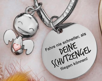 Fahr Vorsichtig Schlüsselanhänger Schutzengel "Happy" mit Herz und Gravur - Fahr Vorsichtig Geschenk Engel Glücksbringer Fahr Vorsichtig