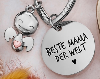 Beste Mama Schlüsselanhänger Schutzengel "Happy" mit Herz und Gravur - Beste Mama Geschenk Engel Glücksbringer Beste Mama