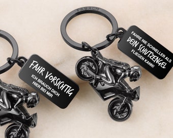 Motorrad Schlüsselanhänger mit Schutzengel und Gravur - Fahr vorsichtig Schlüsselanhänger - Glücksbringer Geschenk für Motorradfahrer