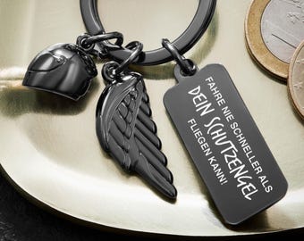 Motorrad Schlüsselanhänger mit Motorradhelm, Engelsflügel und Gravur - Geschenk Motorradfahrer - Motorrad Glücksbringer
