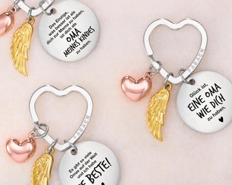Beste Oma Schlüsselanhänger mit Gravur - Beste Oma Geschenk - Schutzengel Glücksbringer mit Engelsflügel und Herz