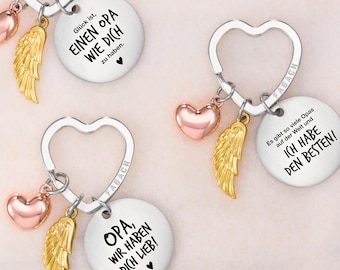 Bester Opa Schlüsselanhänger mit Gravur - Beste Mama Geschenk - Schutzengel Glücksbringer mit Engelsflügel und Herz