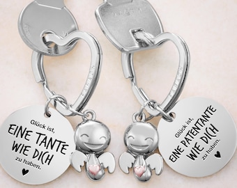 Beste Tante Schlüsselanhänger Schutzengel "Happy" mit Herz und Gravur - Glücksbringer Geschenk Engel Glücksbringer Bester Tante