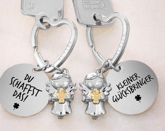 Glücksbringer Schlüsselanhänger Schutzengel "Star" mit Kleeblatt und Gravur - Glücksbringer Geschenk Engel Glücksbringer Glücksengel