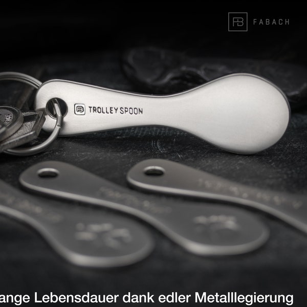 Einkaufswagenlöser Schlüsselanhänger Trolley Spoon (silber), Abziehbarer Einkaufswagenchip, Einkaufschip mit gravierter Botschaft