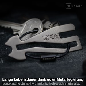 Einkaufswagenlöser Schlüsselanhänger Trolley Master für ALLE Einkaufswagen (schwarz), Abziehbarer Einkaufswagenchip Einkaufs-Chip aus Metall