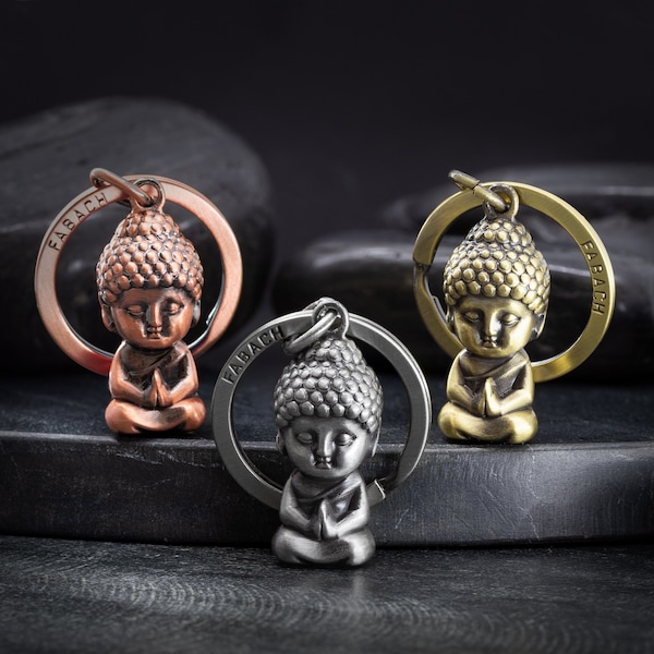 Buddha Schlüsselanhänger "Karma", Buddha Anhänger aus Metall, Mini-Buddha Glücksbringer Auto, Buddhismus Schlüsselanhänger Chakra Yoga Figur