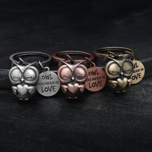 Könnte beinhalten: Vier Eulen-Schlüsselanhänger mit einem Herzen und dem Text "Owl you need is love". Die Schlüsselanhänger sind silber, kupfer, bronze und gold.